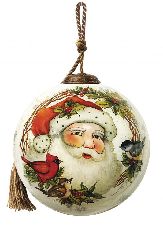 Winter Wreath Forest Santa Hand Painted And Mouth Blown Red White And Green Glass Ball Ornament