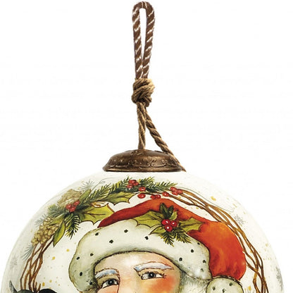 Winter Wreath Forest Santa Hand Painted And Mouth Blown Red White And Green Glass Ball Ornament