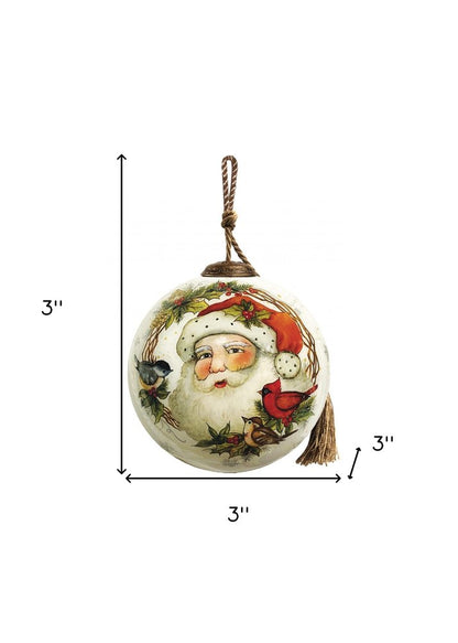 Winter Wreath Forest Santa Hand Painted And Mouth Blown Red White And Green Glass Ball Ornament