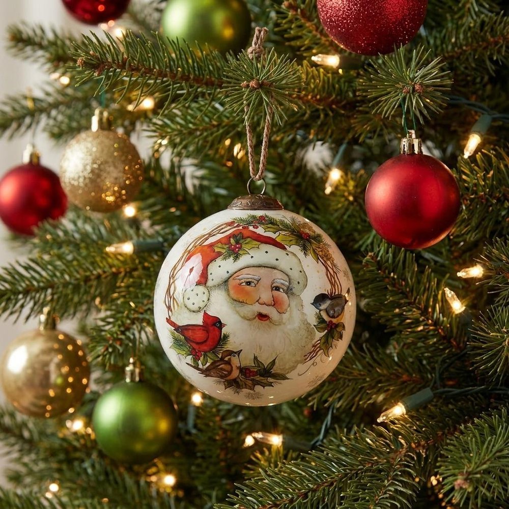 Winter Wreath Forest Santa Hand Painted And Mouth Blown Red White And Green Glass Ball Ornament