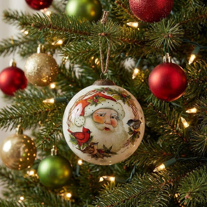Winter Wreath Forest Santa Hand Painted And Mouth Blown Red White And Green Glass Ball Ornament