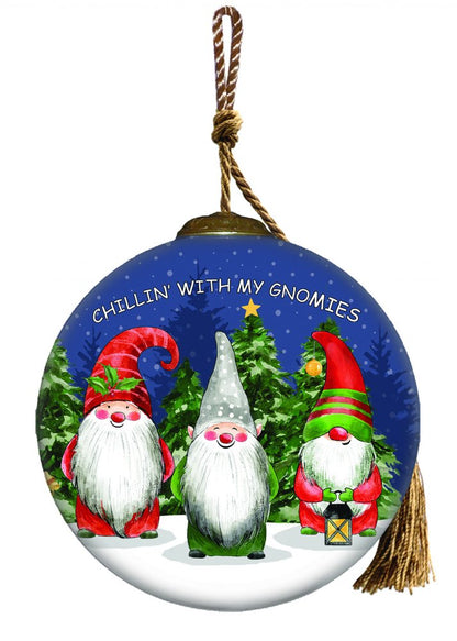 Casual Gnomes in Christmas Mode Hand Painted And Mouth Blown Red Blue And Green Glass Ball Ornament