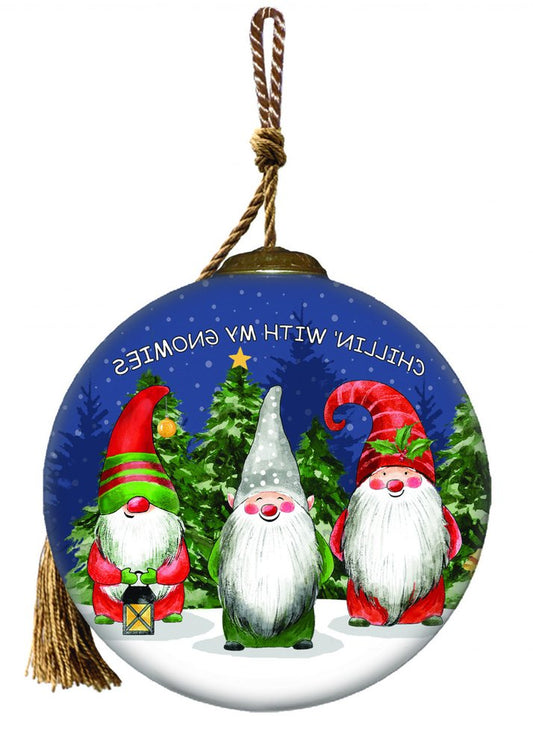 Casual Gnomes in Christmas Mode Hand Painted And Mouth Blown Red Blue And Green Glass Ball Ornament