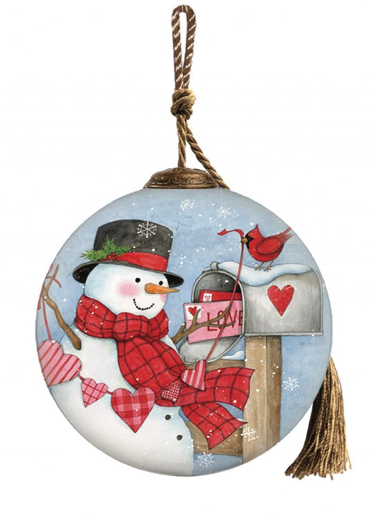 Valentine Snowman Hand Painted And Mouth Blown Red And White Glass Ball Ornament