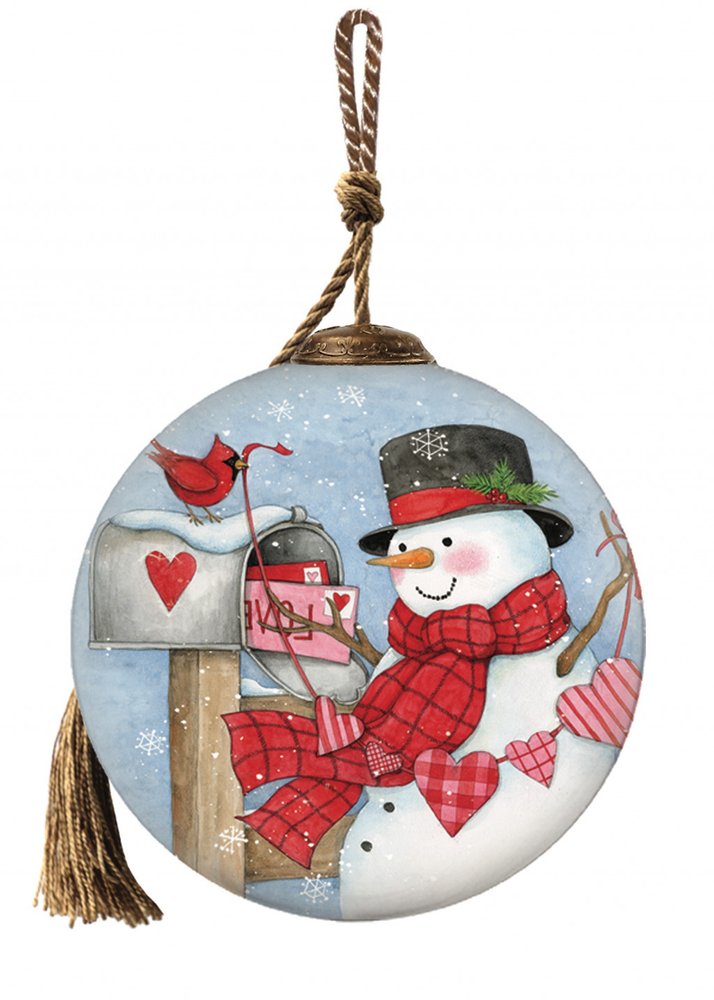 Valentine Snowman Hand Painted And Mouth Blown Red And White Glass Ball Ornament