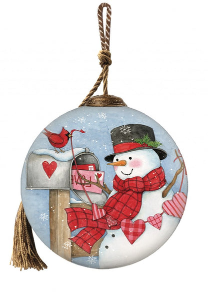 Valentine Snowman Hand Painted And Mouth Blown Red And White Glass Ball Ornament