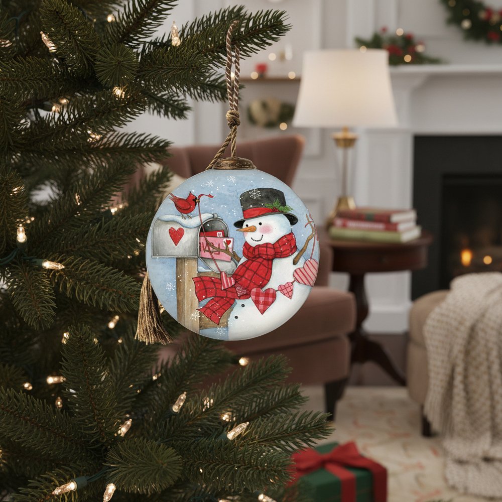 Valentine Snowman Hand Painted Mouth Blown Glass Ornament