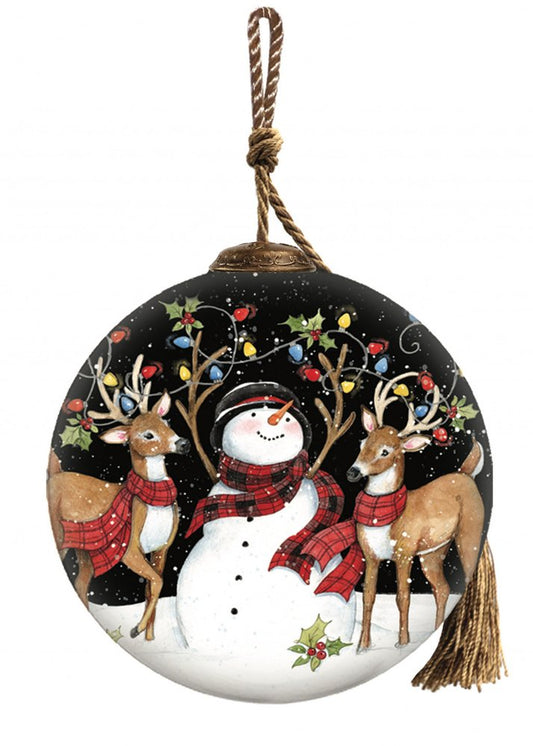 Snowman and Reindeer in Holiday Lights Hand Painted And Mouth Blown Brown Black And White Glass Ball Ornament
