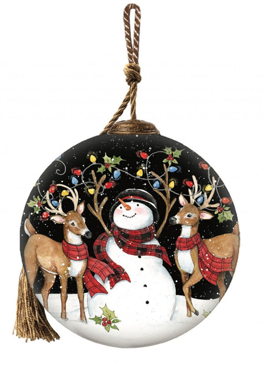 Snowman and Reindeer in Holiday Lights Hand Painted And Mouth Blown Brown Black And White Glass Ball Ornament