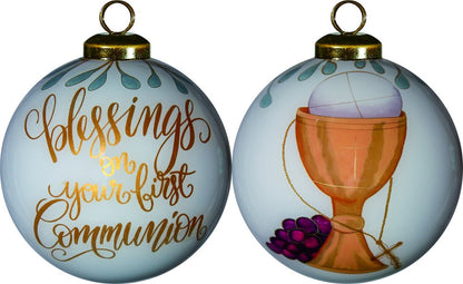 First Communion Hand Painted And Mouth Blown Gold And White Glass Ball Ornament