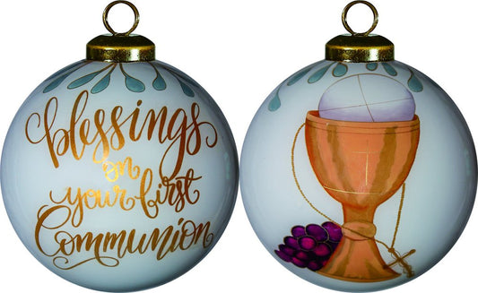 First Communion Hand Painted And Mouth Blown Gold And White Glass Ball Ornament