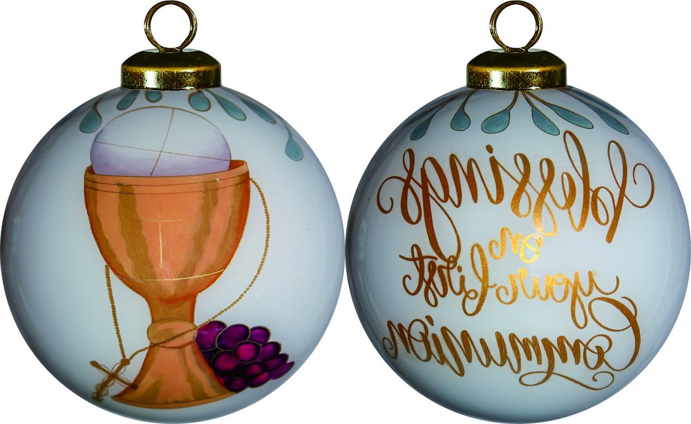 First Communion Hand Painted And Mouth Blown Gold And White Glass Ball Ornament