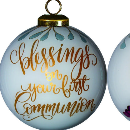 First Communion Hand Painted And Mouth Blown Gold And White Glass Ball Ornament