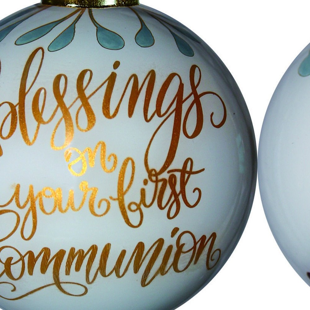 First Communion Hand Painted And Mouth Blown Gold And White Glass Ball Ornament
