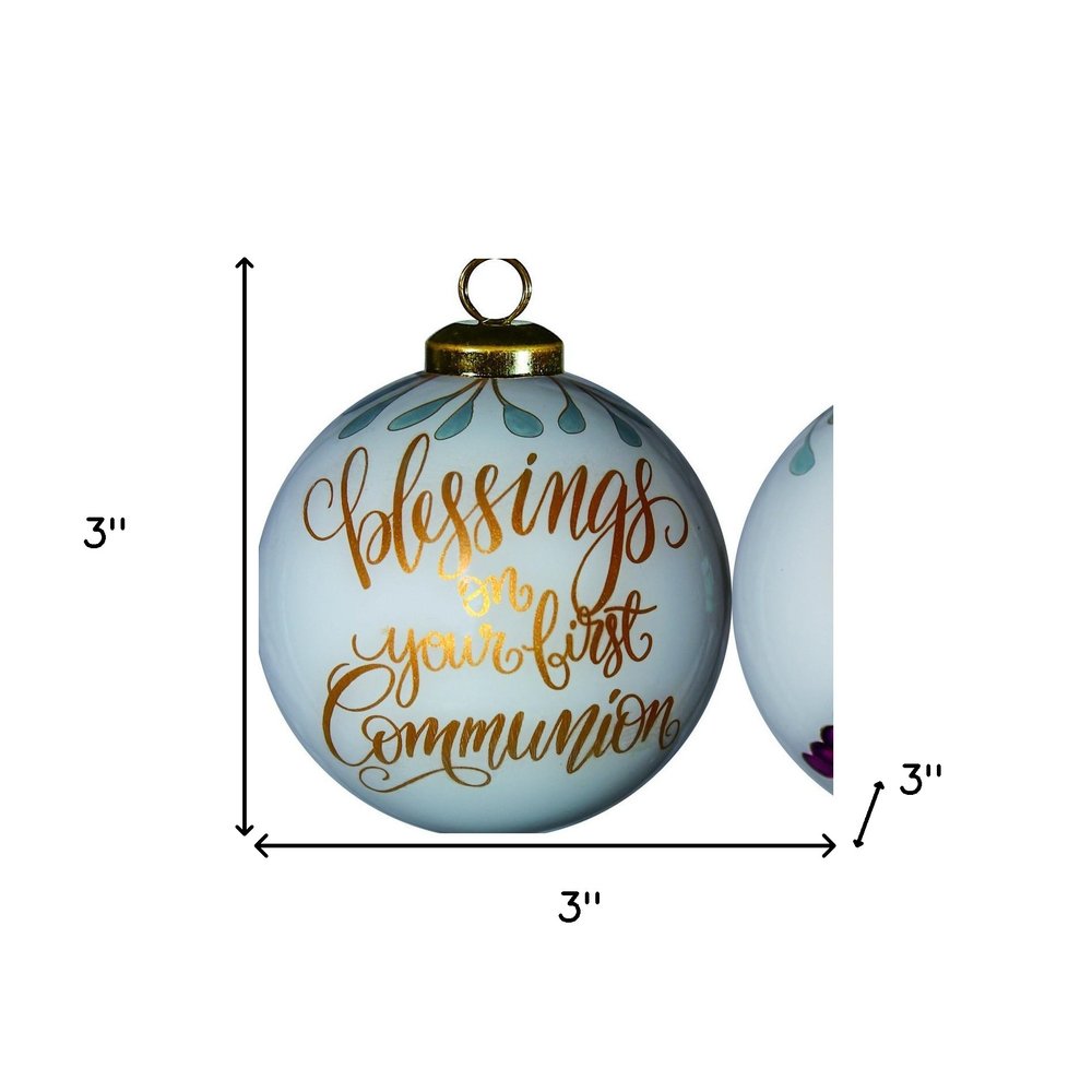 First Communion Hand Painted And Mouth Blown Gold And White Glass Ball Ornament