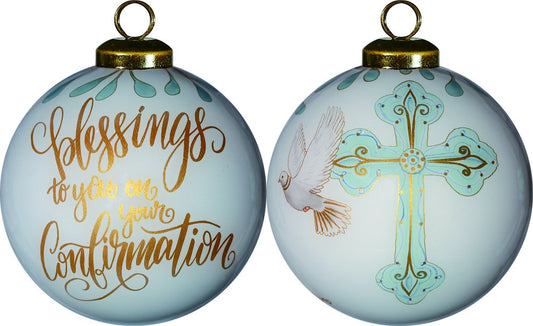 Confirmation Hand Painted And Mouth Blown Gold And White Glass Ball Ornament