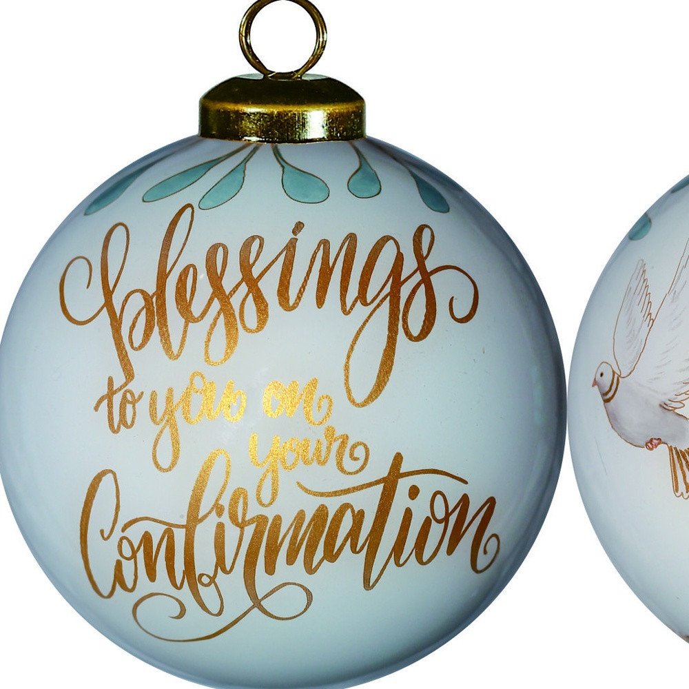 Confirmation Hand Painted And Mouth Blown Gold And White Glass Ball Ornament