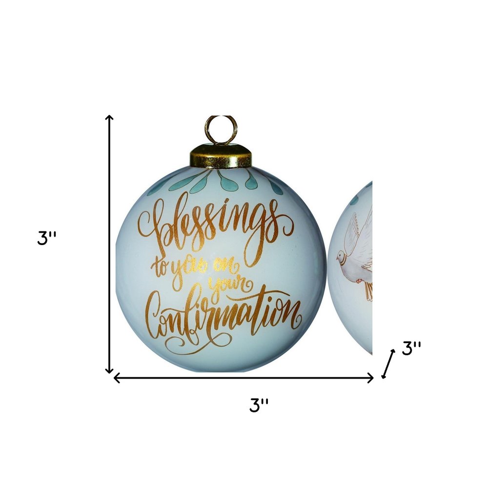 Confirmation Hand Painted And Mouth Blown Gold And White Glass Ball Ornament