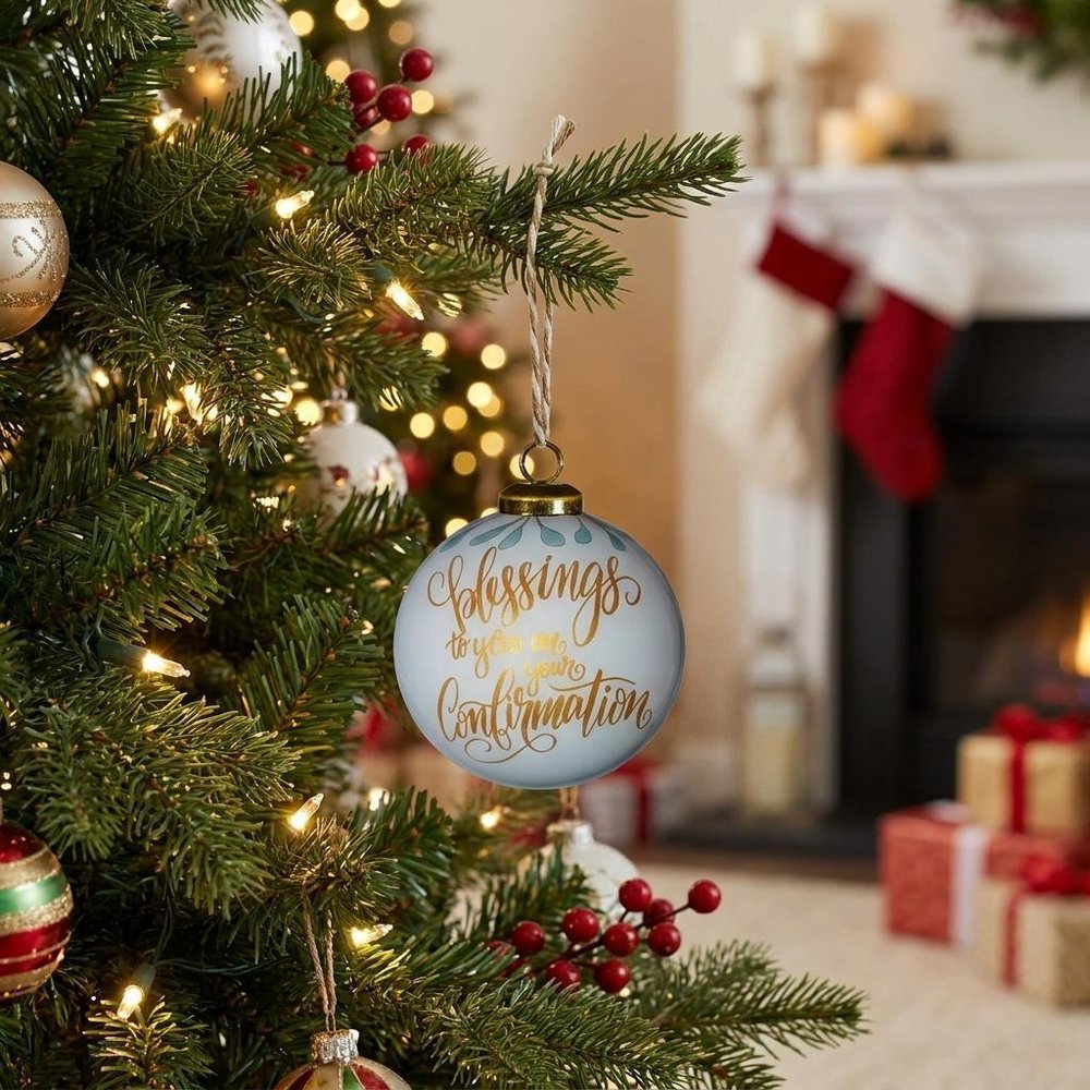 Confirmation Hand Painted And Mouth Blown Gold And White Glass Ball Ornament