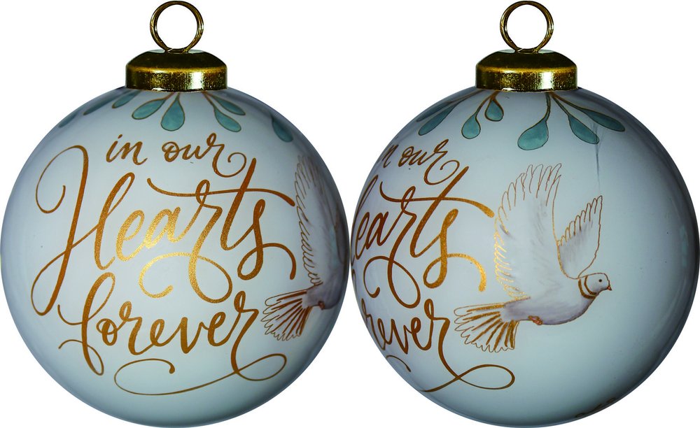 In Our Hearts Forever Hand Painted And Mouth Blown Gold And White Glass Ball Ornament
