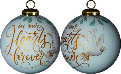 In Our Hearts Forever Hand Painted And Mouth Blown Gold And White Glass Ball Ornament