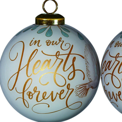 In Our Hearts Forever Hand Painted And Mouth Blown Gold And White Glass Ball Ornament