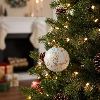 In Our Hearts Forever Hand Painted And Mouth Blown Gold And White Glass Ball Ornament