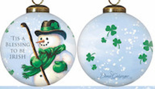 Irish Snowman Hand Painted And Mouth Blown Red White And Green Glass Ball Ornament