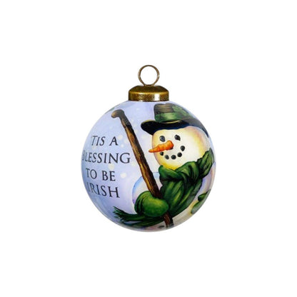Green Irish Snowman Hand Painted Mouth Blown Glass Ornament