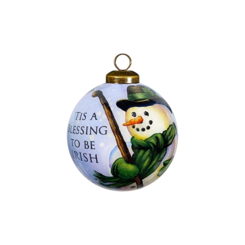Irish Snowman Hand Painted And Mouth Blown Red White And Green Glass Ball Ornament