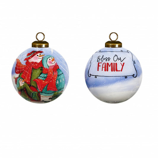 Snowman Family Bless Our Family Wordings Hand Painted And Mouth Blown Red White And Blue Glass Ball Ornament