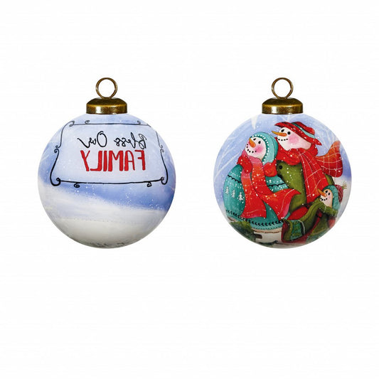 Snowman Family Bless Our Family Wordings Hand Painted And Mouth Blown Red White And Blue Glass Ball Ornament