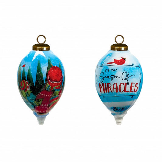 Season of Miracles Wordings Snowman Hand Painted And Mouth Blown Red Blue And Green Glass Finial Ornament