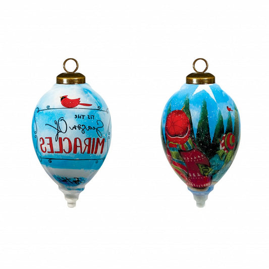 Season of Miracles Wordings Snowman Hand Painted And Mouth Blown Red Blue And Green Glass Finial Ornament