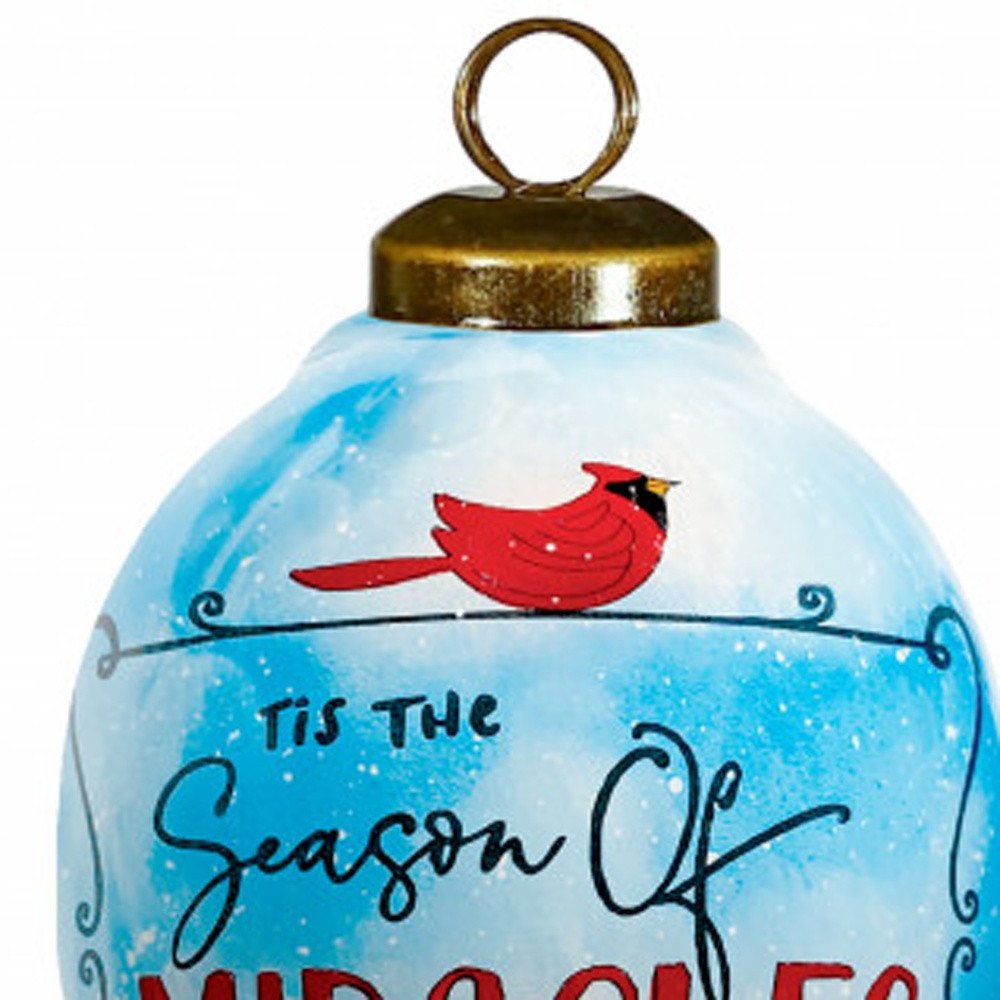 Season of Miracles Wordings Snowman Hand Painted And Mouth Blown Red Blue And Green Glass Finial Ornament