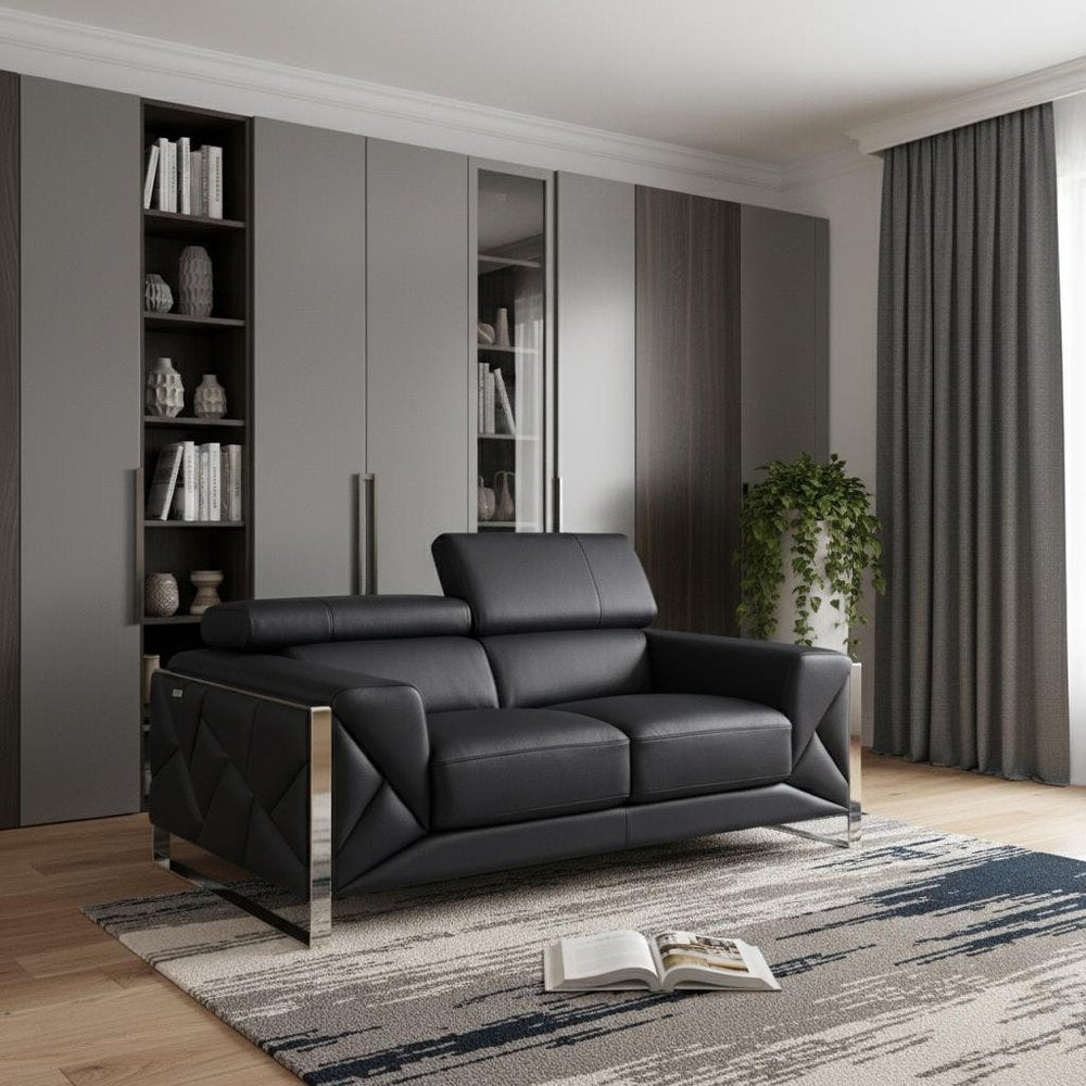 75" Black And Silver Italian Leather Loveseat