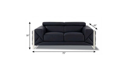 75" Black And Silver Italian Leather Loveseat