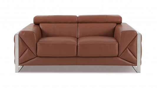75" Camel And Silver Italian Leather Loveseat