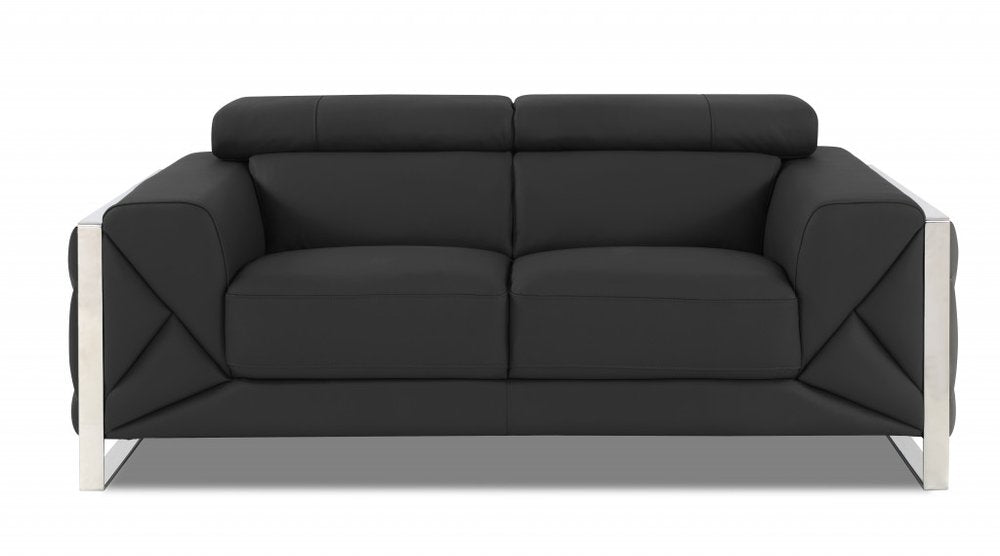 75" Gray And Silver Italian Leather Loveseat