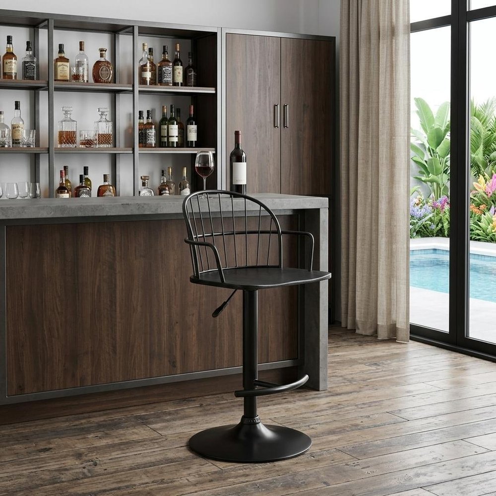 Black Solid Wood And Iron Low Back Adjustable Height Bar Chair