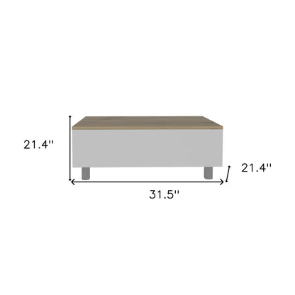 32" White And Light Oak Manufactured Wood Rectangular Lift Top Coffee Table With Drawer And Shelf