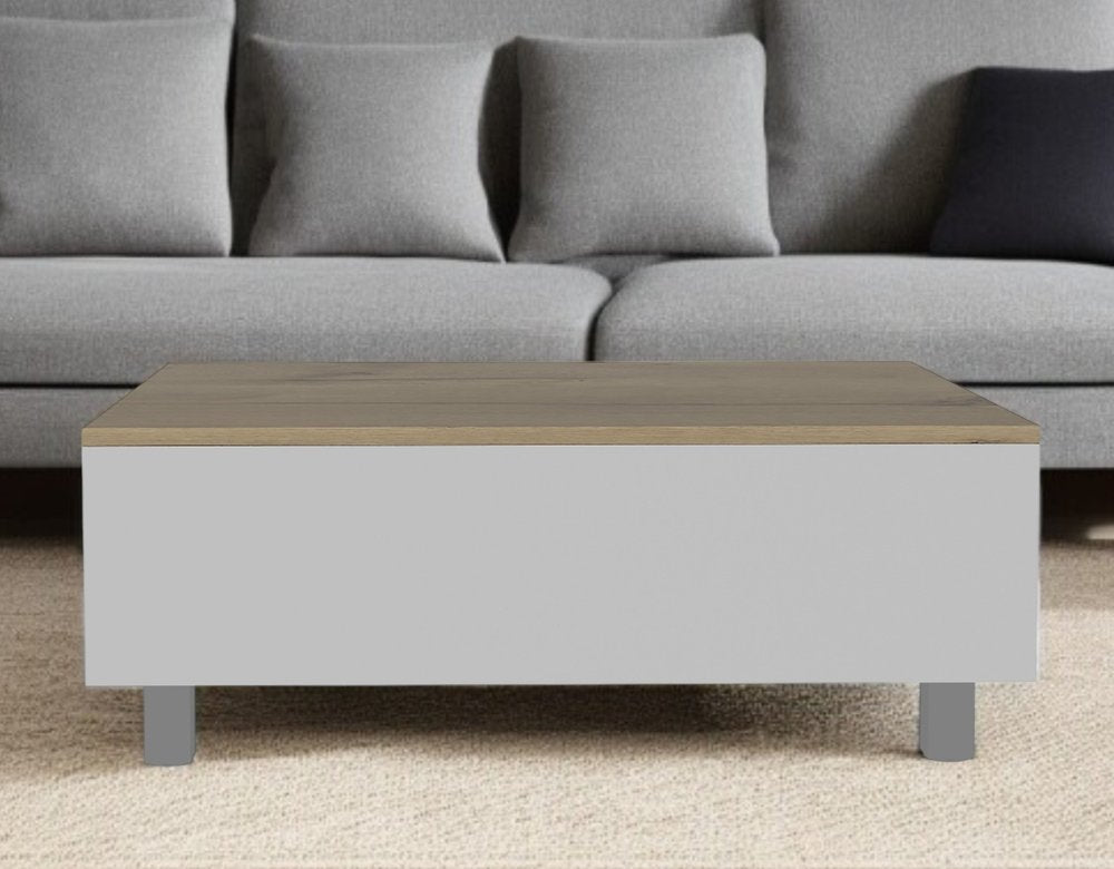 32" White And Light Oak Manufactured Wood Rectangular Lift Top Coffee Table With Drawer And Shelf
