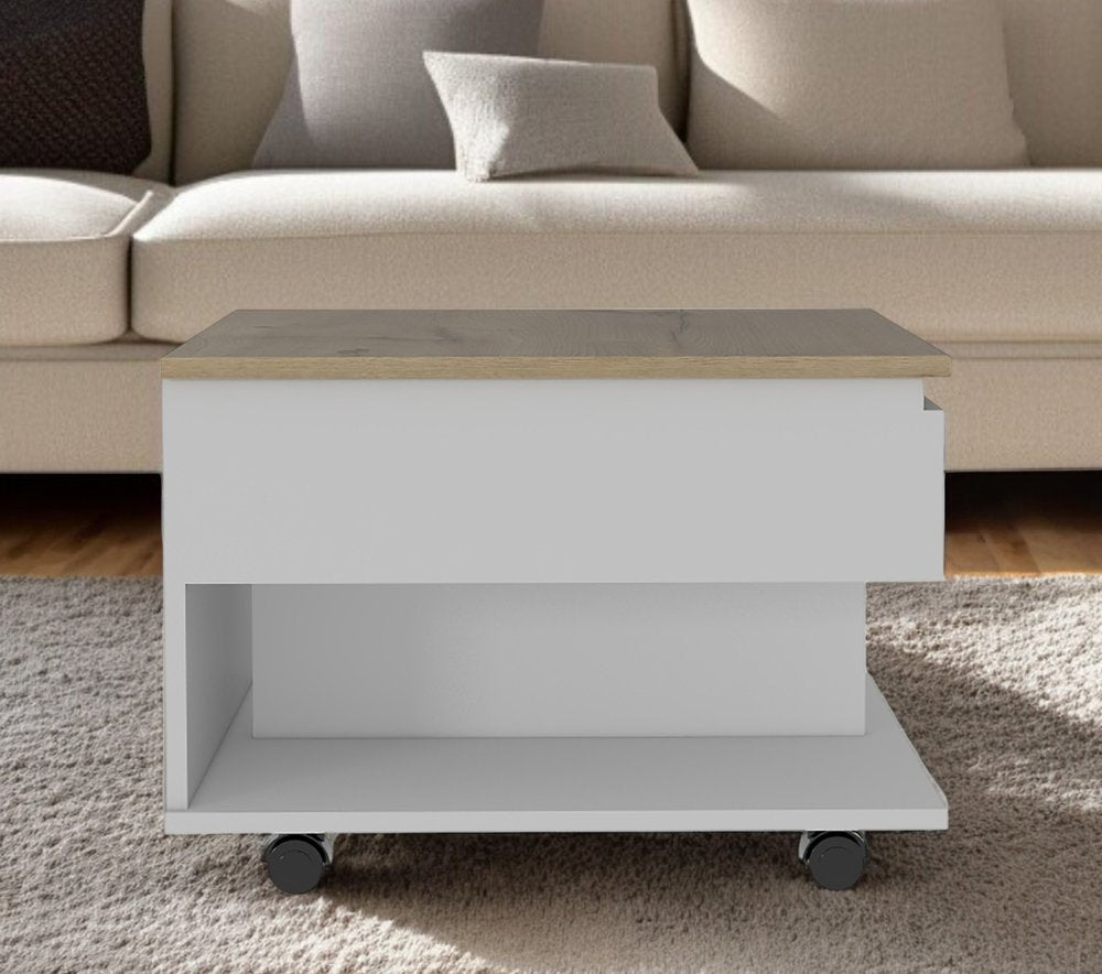 22" White And Light Oak Manufactured Wood Rectangular Coffee Table With Drawer