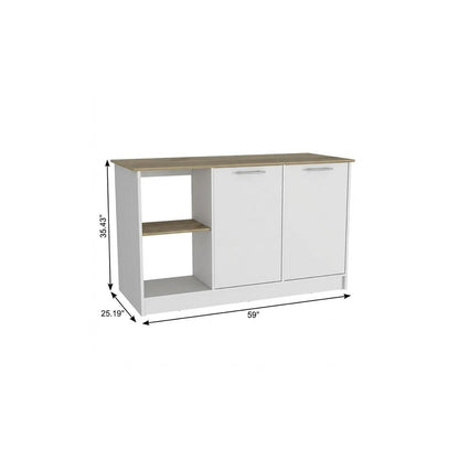 White and Brown 59" Kitchen Island With Storage