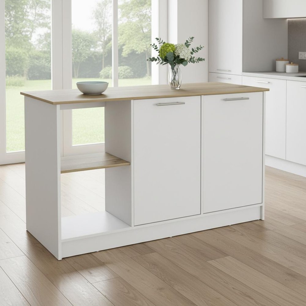 White and Brown 59" Kitchen Island With Storage