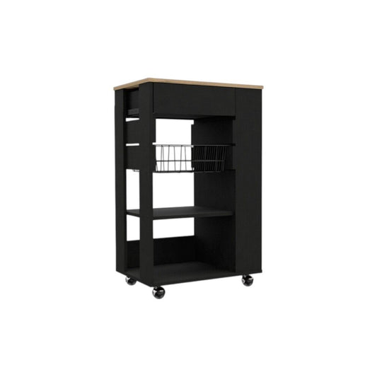 22" Natural And Black Wood Rolling Kitchen Cart With Storage