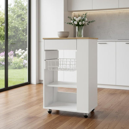 White and Brown 22" Rolling Kitchen Cart With Storage