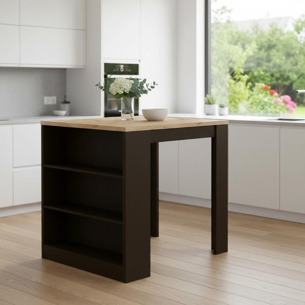 36" Natural and Black Wood Kitchen Island With Storage