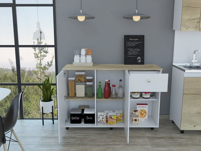 White and Natural 54" Rolling Kitchen Island With Storage
