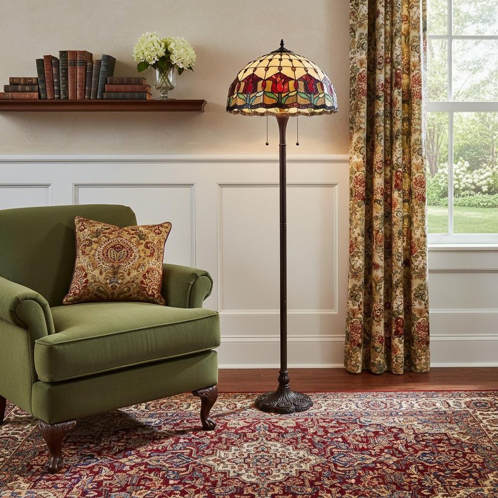 62" Brown Two Light Traditional Shaped Floor Lamp With Red Flowers Stained Glass Dome Shade